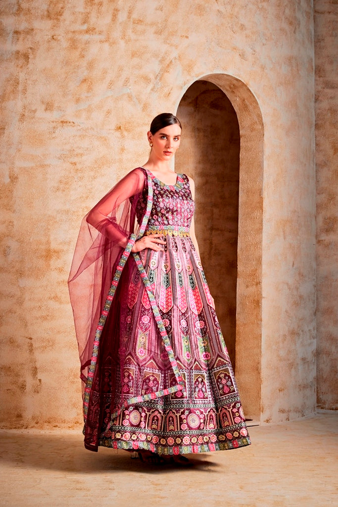 Neerus Maroon silk gown - back view