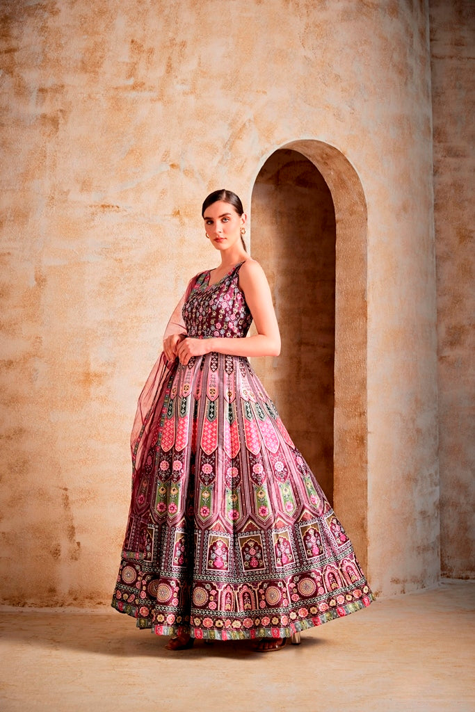 Neerus Maroon silk gown - side view