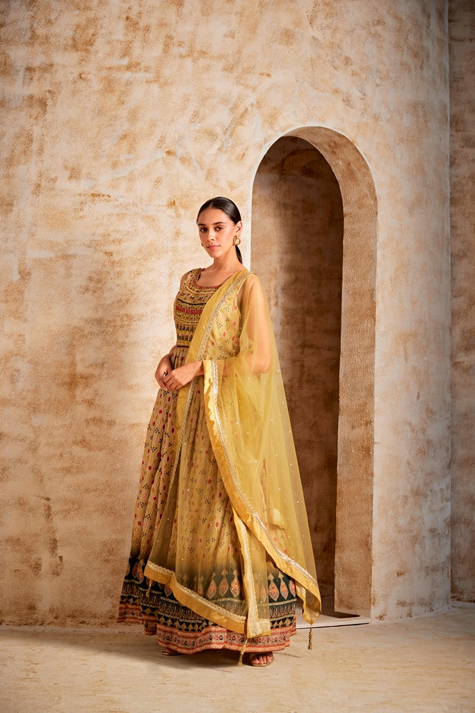 Neerus Yellow Banarasi woven gown - back view