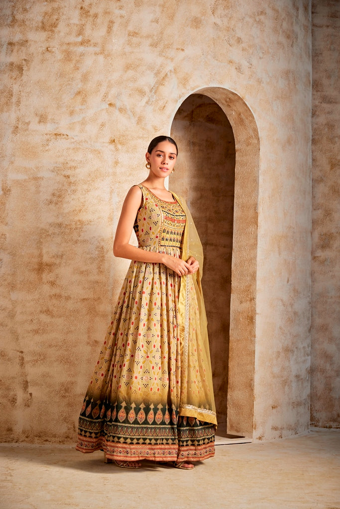 Neerus Yellow Banarasi woven gown - side view