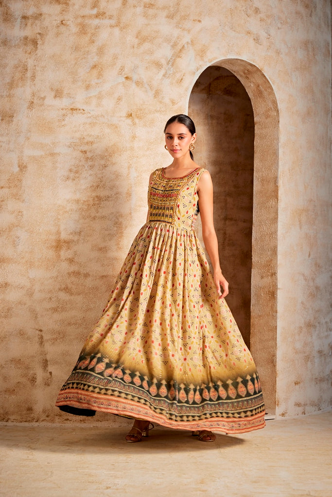 Neerus Yellow Banarasi woven gown - detail view 1