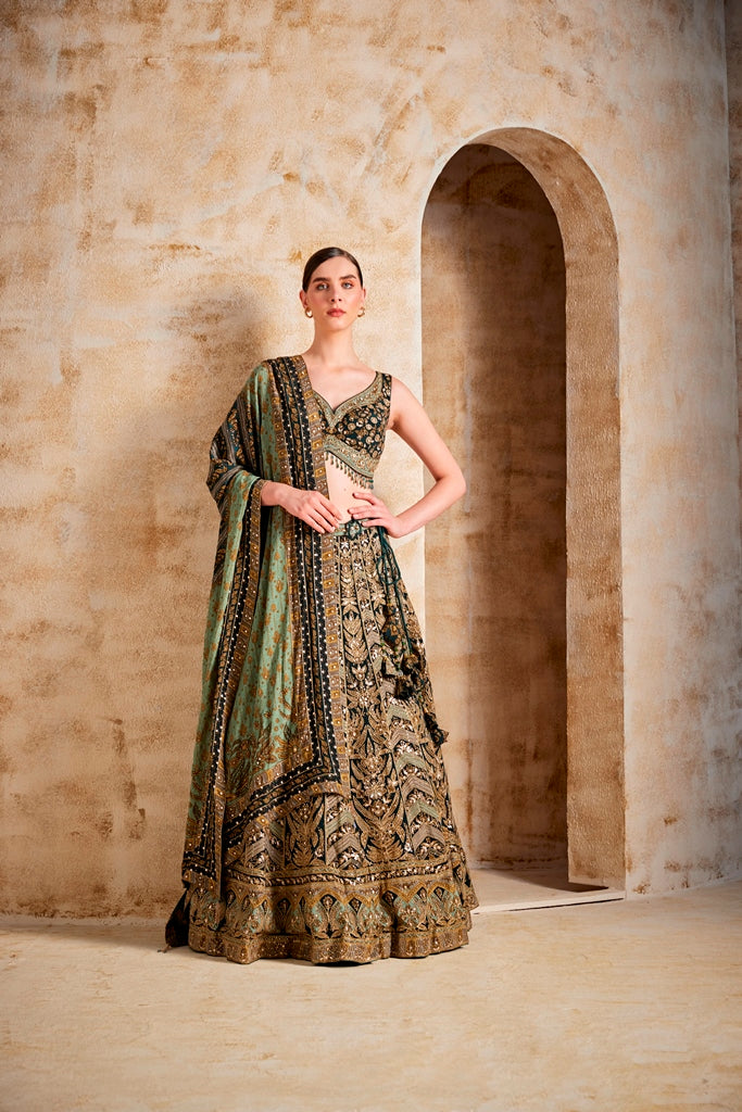 Neerus Green embroidered flared lehenga set - front view