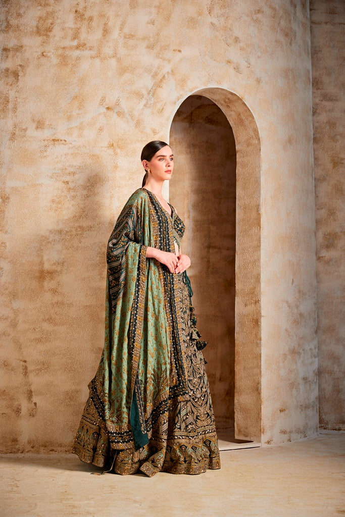 Neerus Green embroidered flared lehenga set - back view