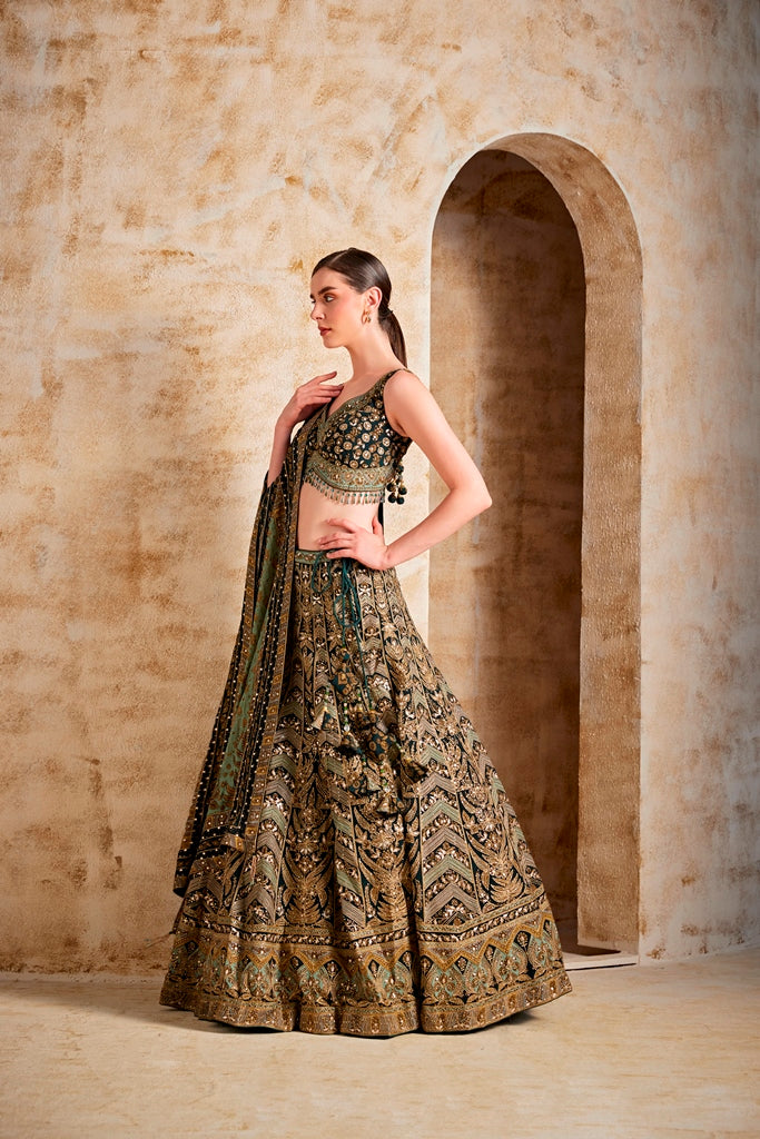 Neerus Green embroidered flared lehenga set - side view