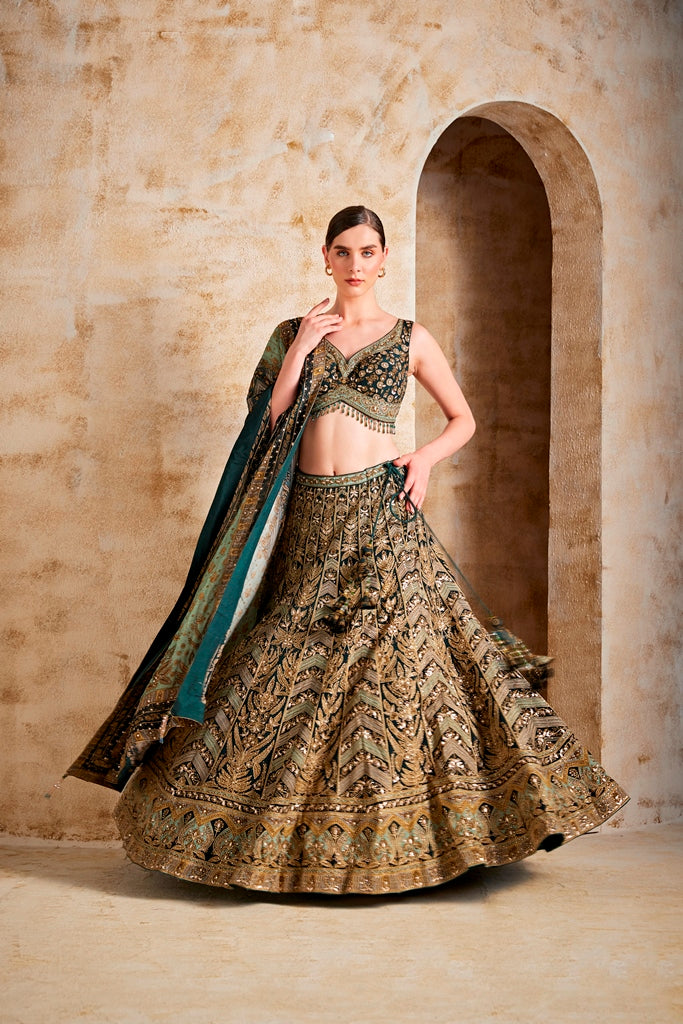 Neerus Green embroidered flared lehenga set - detail view 1
