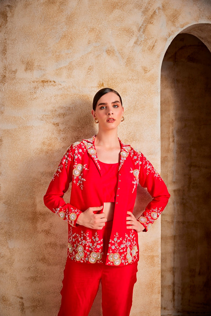 Neerus Red cotton printed suit set - front view