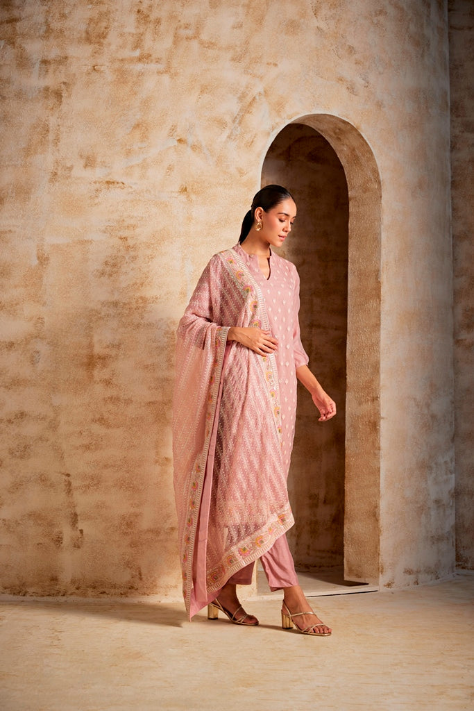 Neerus Pink georgette kurta set - back view
