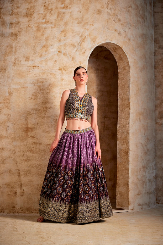 Neerus Brown silk embroidered lehenga set - back view