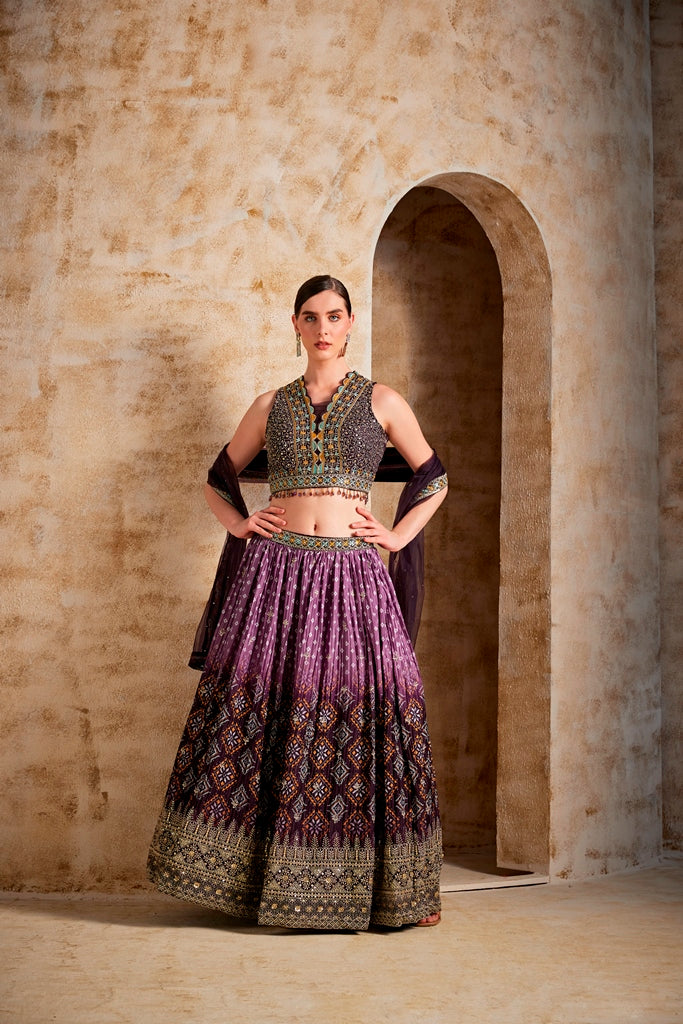 Neerus Brown silk embroidered lehenga set - side view