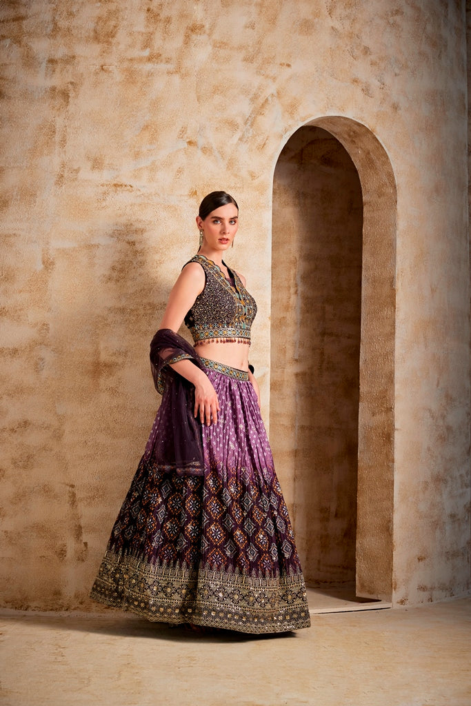 Neerus Brown silk embroidered lehenga set - detail view 1
