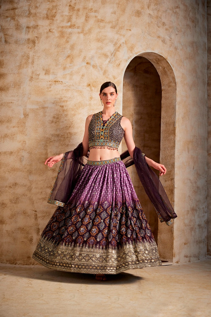 Neerus Brown silk embroidered lehenga set - front view