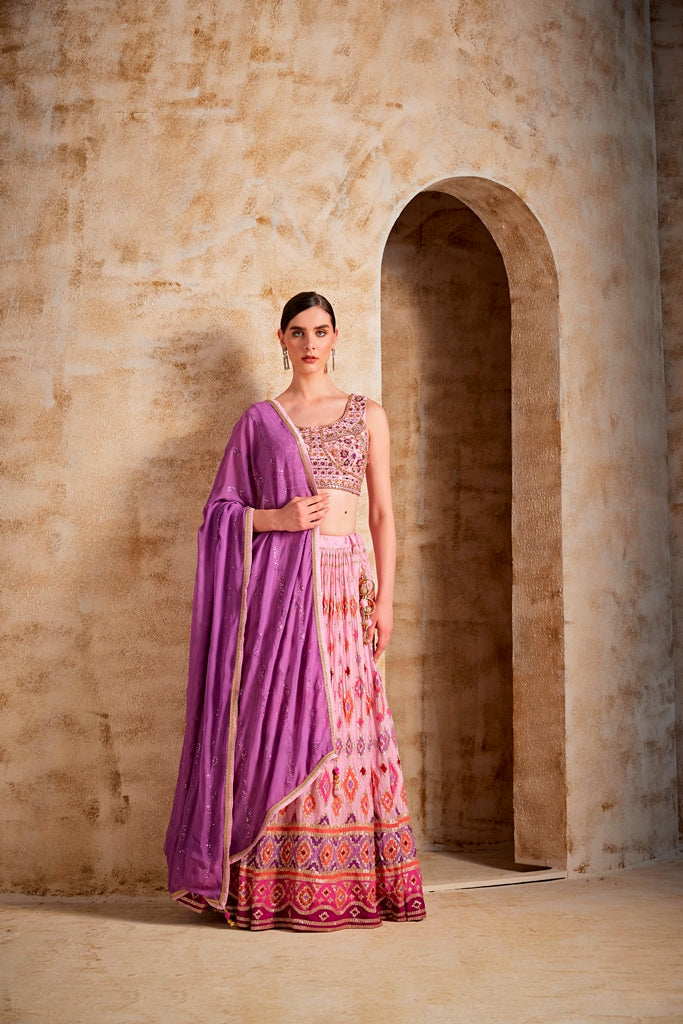 Neerus Pink Banarasi woven lehenga set - front view