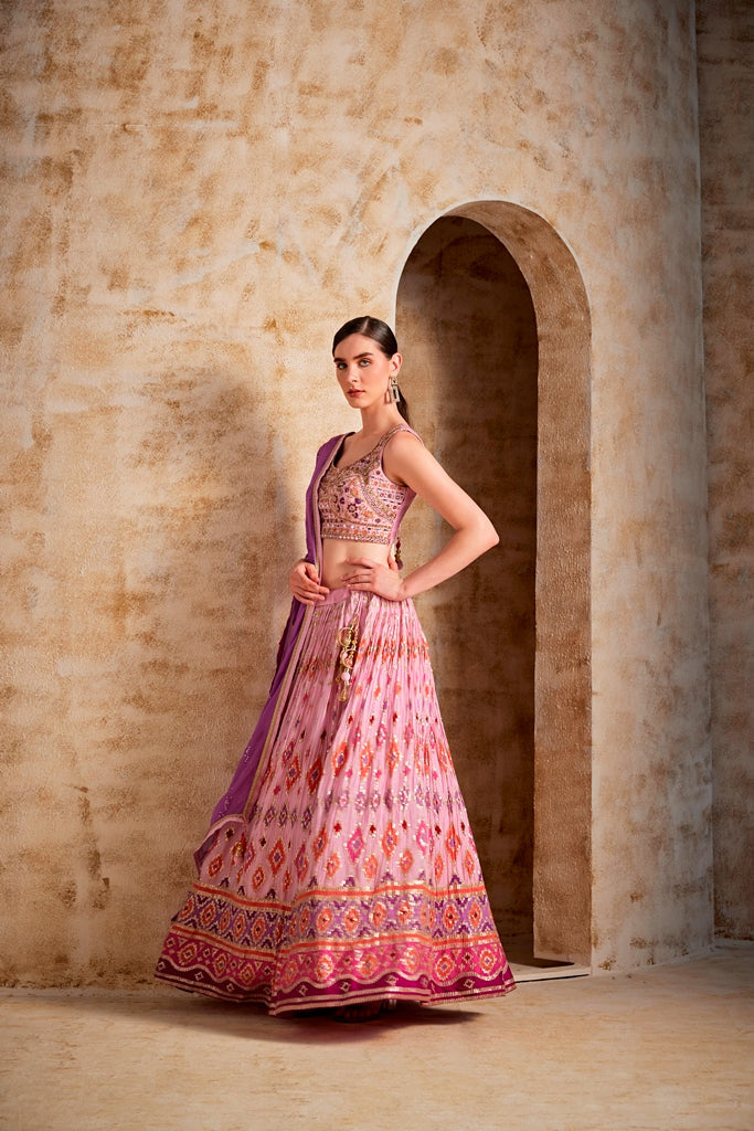 Neerus Pink Banarasi woven lehenga set - side view