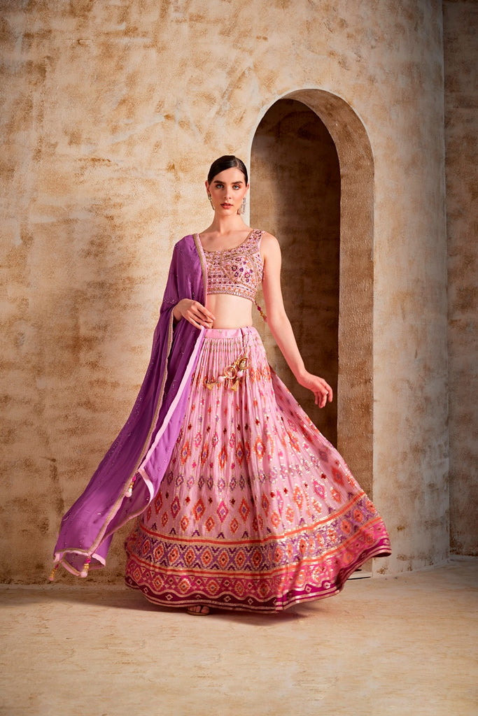 Neerus Pink Banarasi woven lehenga set - back view