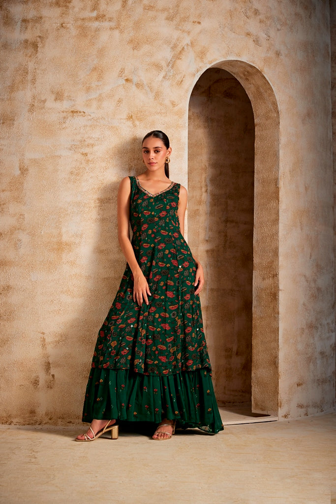 Neerus Green Georgette Maxi Gown - front view