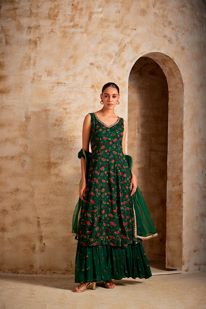 Neerus Green Georgette Maxi Gown - back view