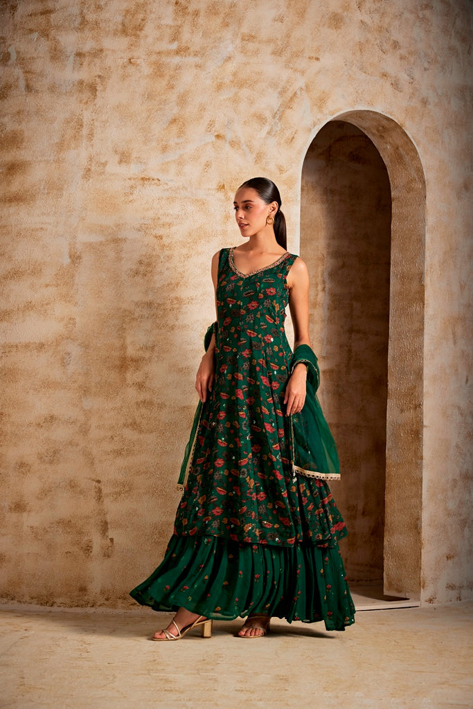Neerus Green Georgette Maxi Gown - side view