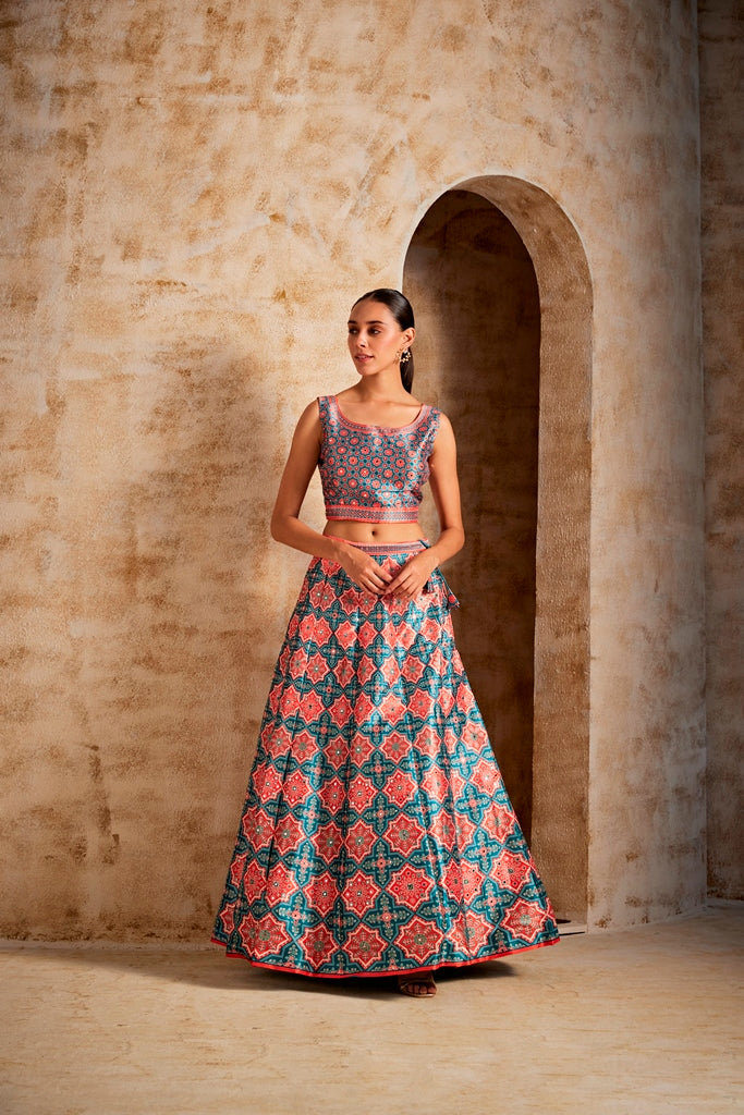 Neerus Green flared lehenga set ethnic wear - front view