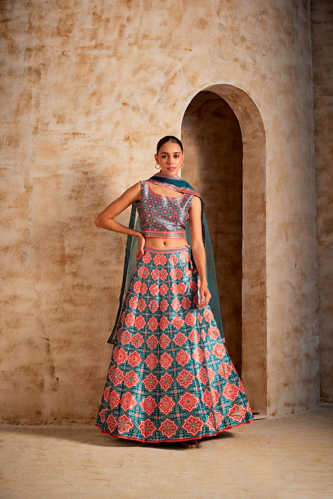Neerus Green flared lehenga set ethnic wear - back view
