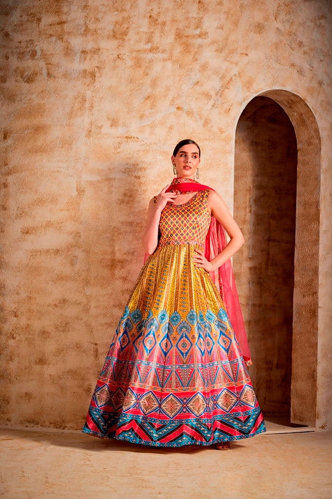 Neerus Yellow silk maxi gown - front view