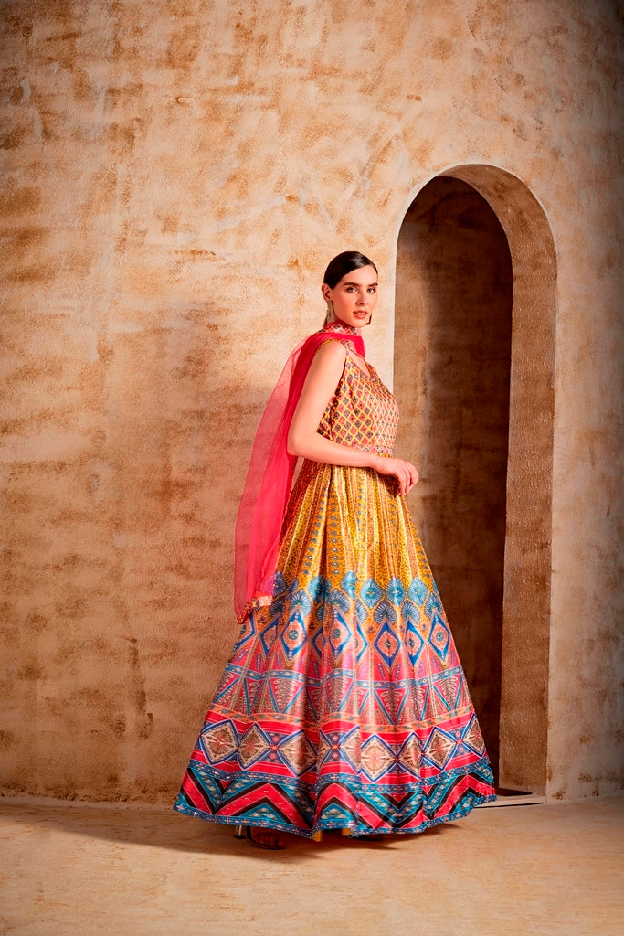 Neerus Yellow silk maxi gown - back view