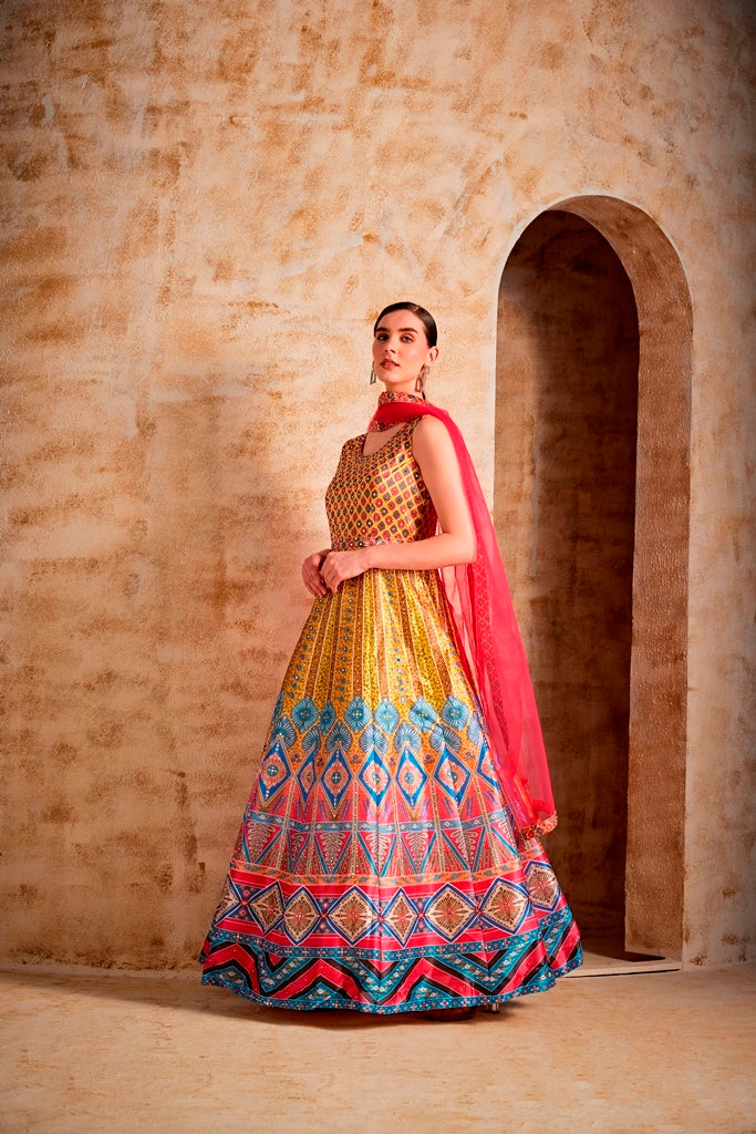 Neerus Yellow silk maxi gown - side view