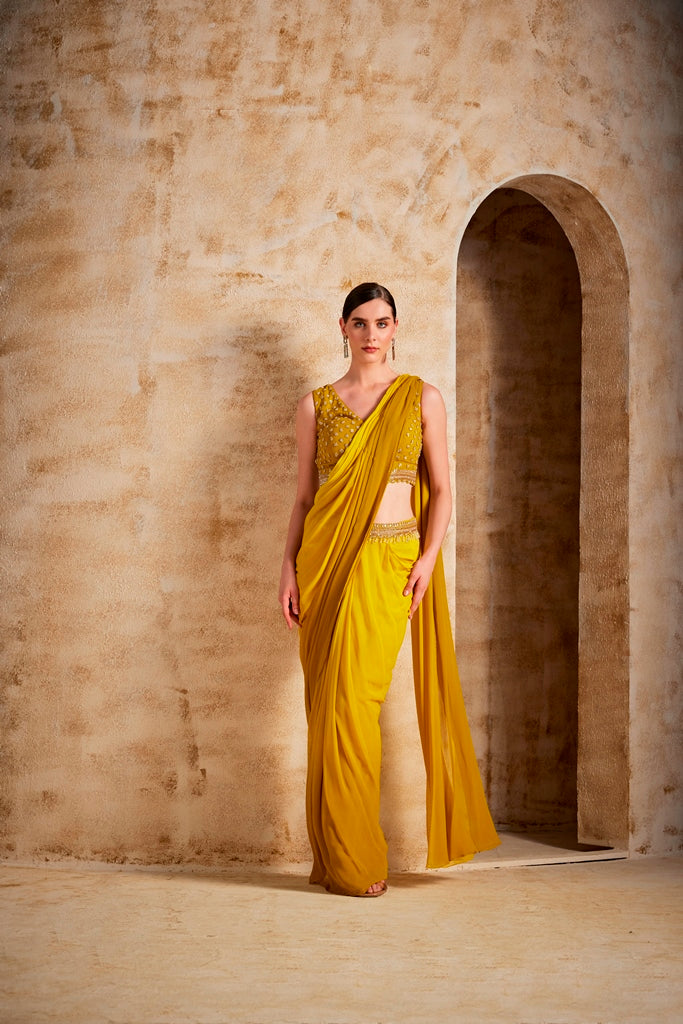 Neerus Yellow georgette drape saree - side view
