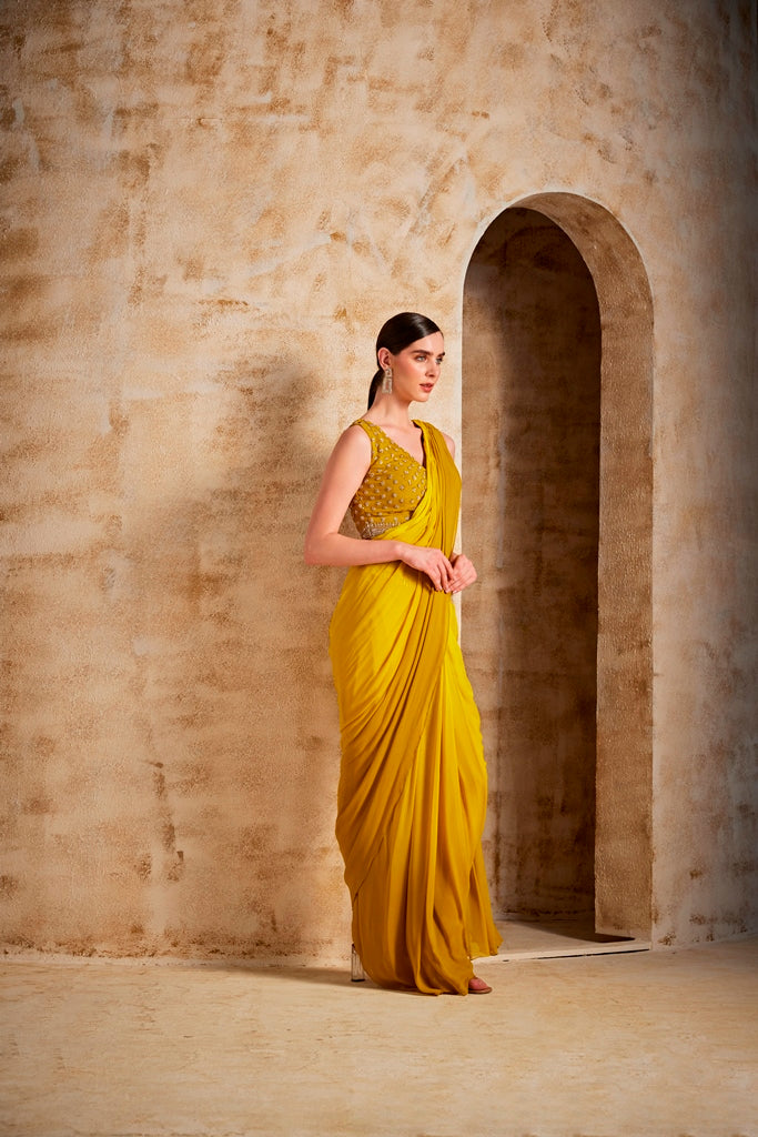 Neerus Yellow georgette drape saree - detail view 1