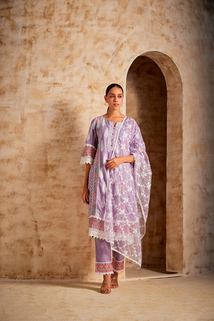 Neerus Purple cotton straight kurta set - front view