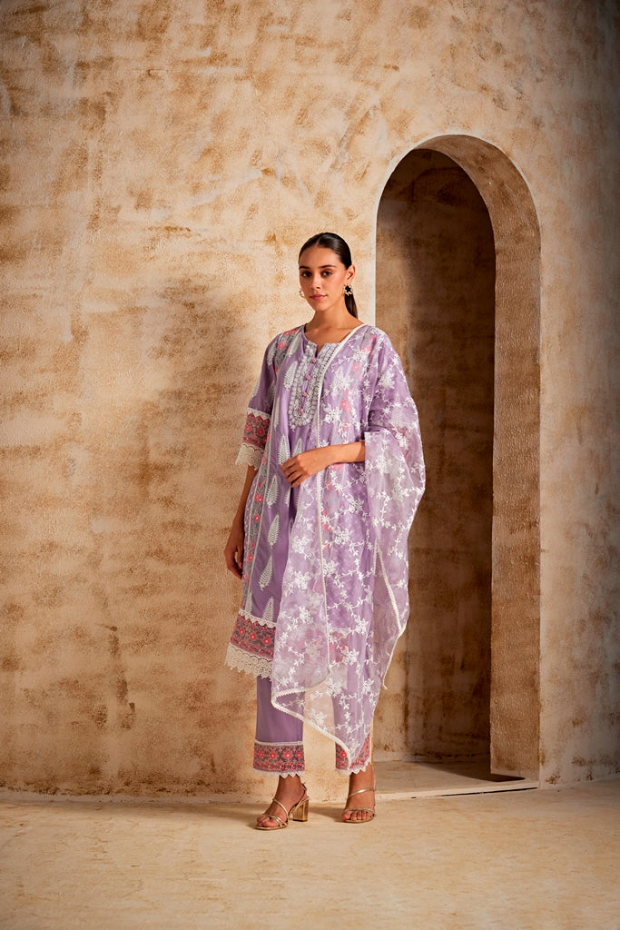 Neerus Purple cotton straight kurta set - back view