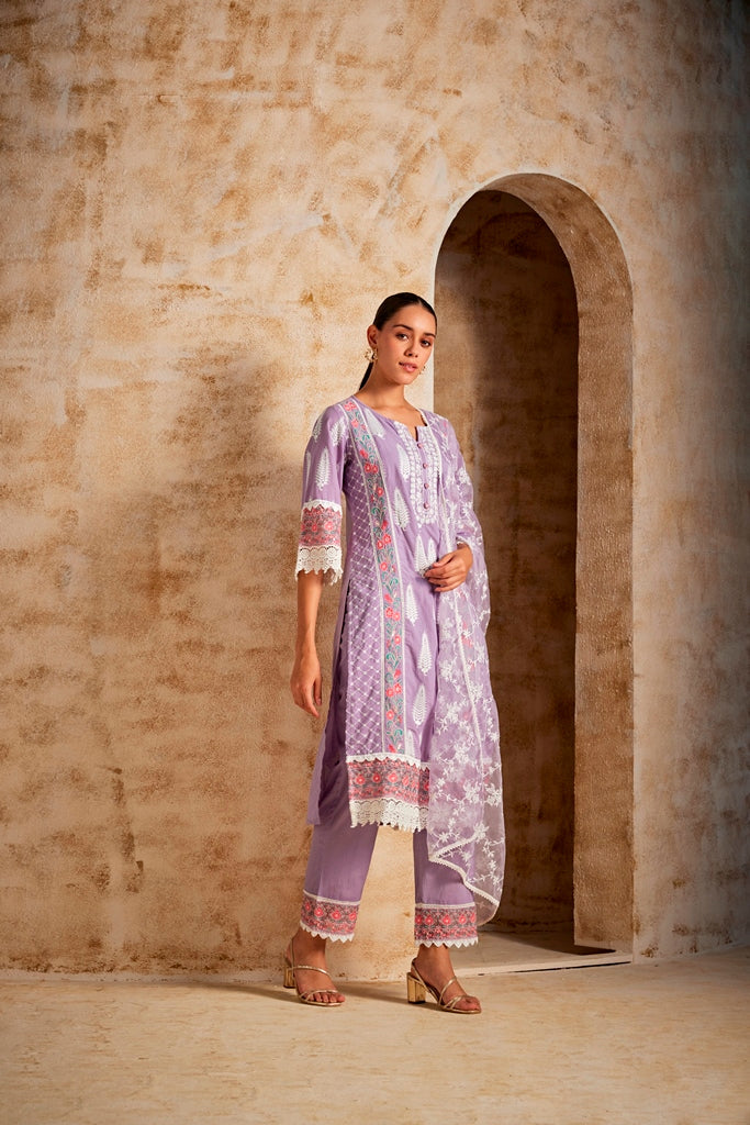 Neerus Purple cotton straight kurta set - side view