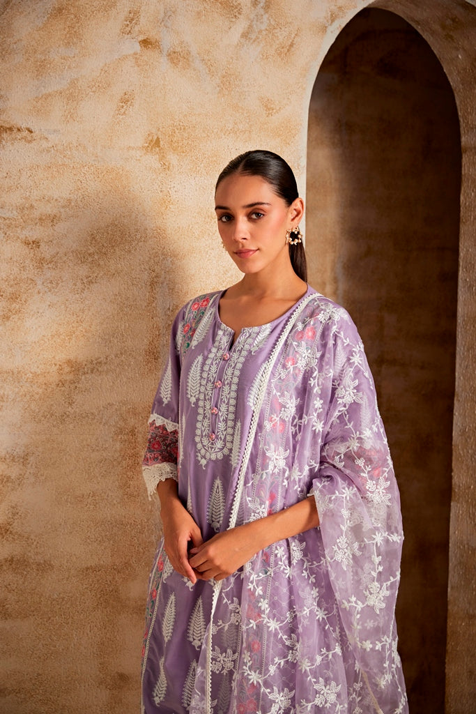 Neerus Purple cotton straight kurta set - detail view 1