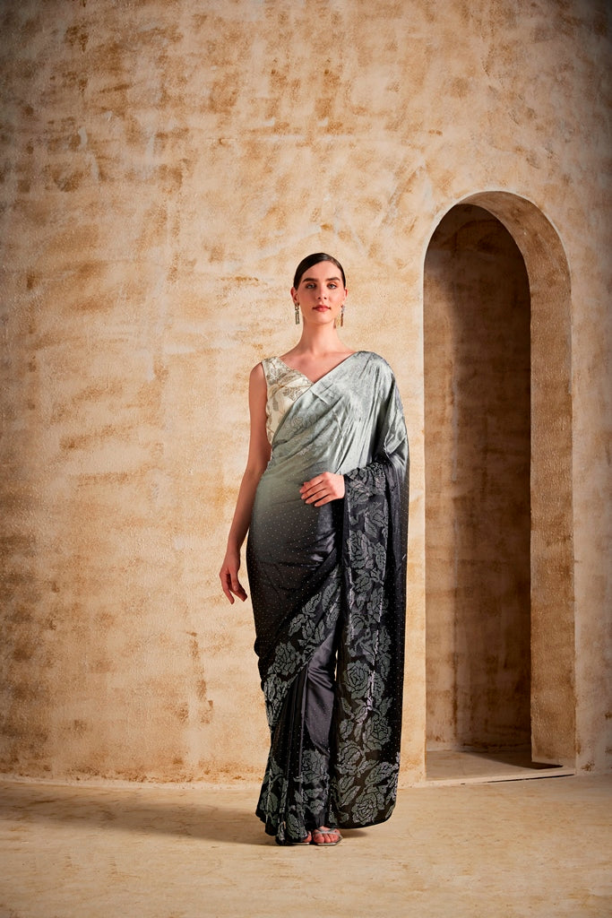 Neerus Black satin solid saree - front view