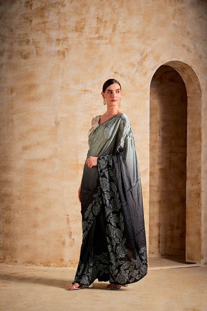 Neerus Black satin solid saree - back view