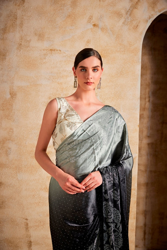 Neerus Black satin solid saree - side view