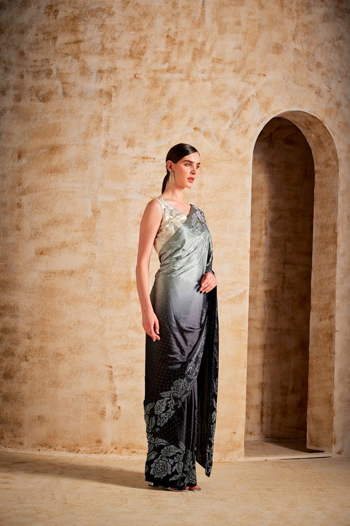 Neerus Black satin solid saree - detail view 1