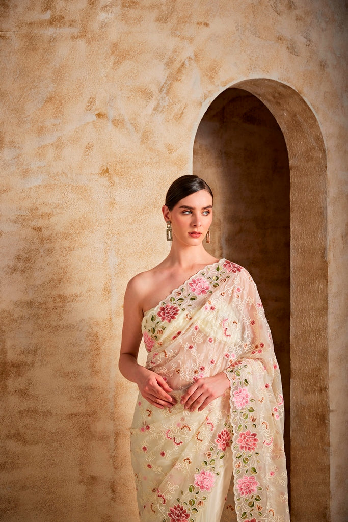 Neerus Beige georgette embroidered saree - front view