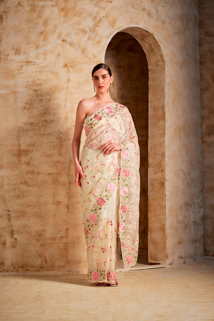 Neerus Beige georgette embroidered saree - back view