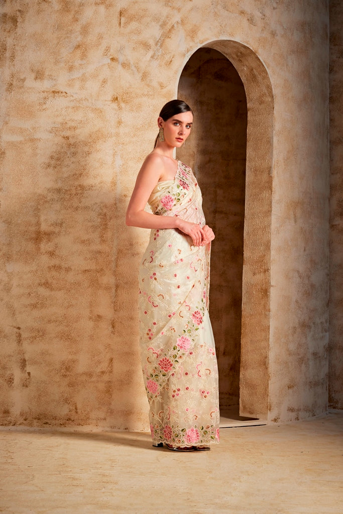 Neerus Beige georgette embroidered saree - side view