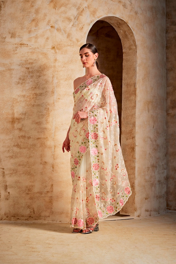 Neerus Beige georgette embroidered saree - detail view 1