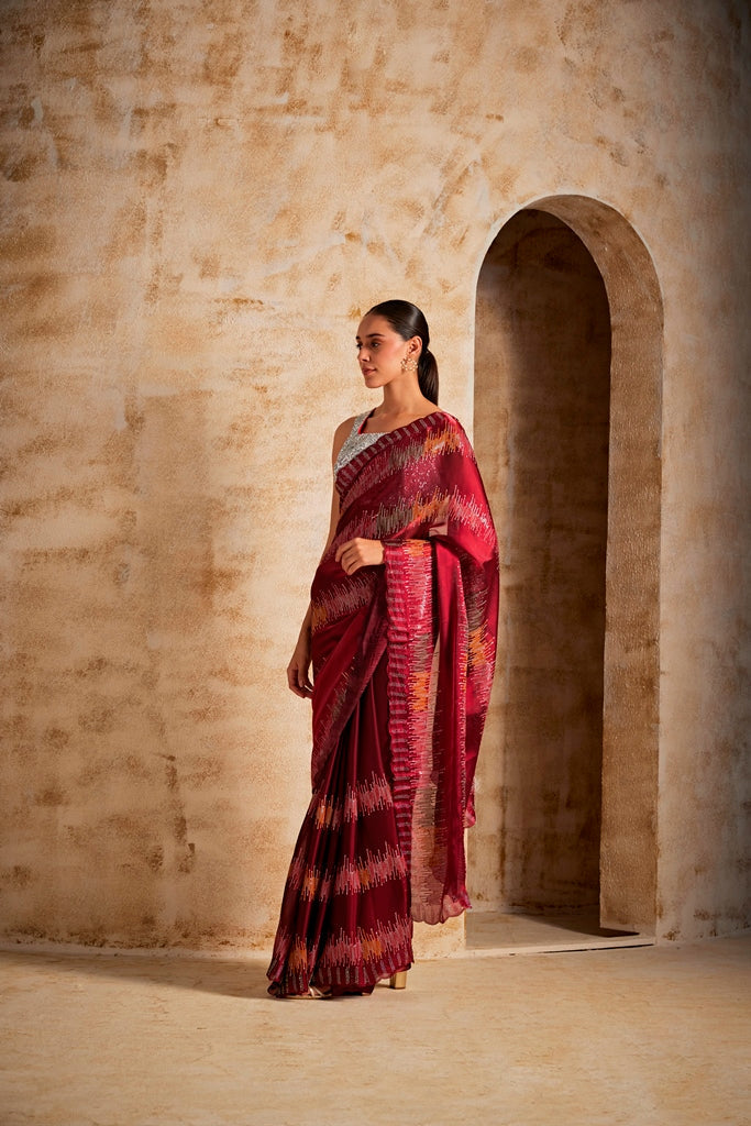 Neerus Maroon silk embellished saree - side view