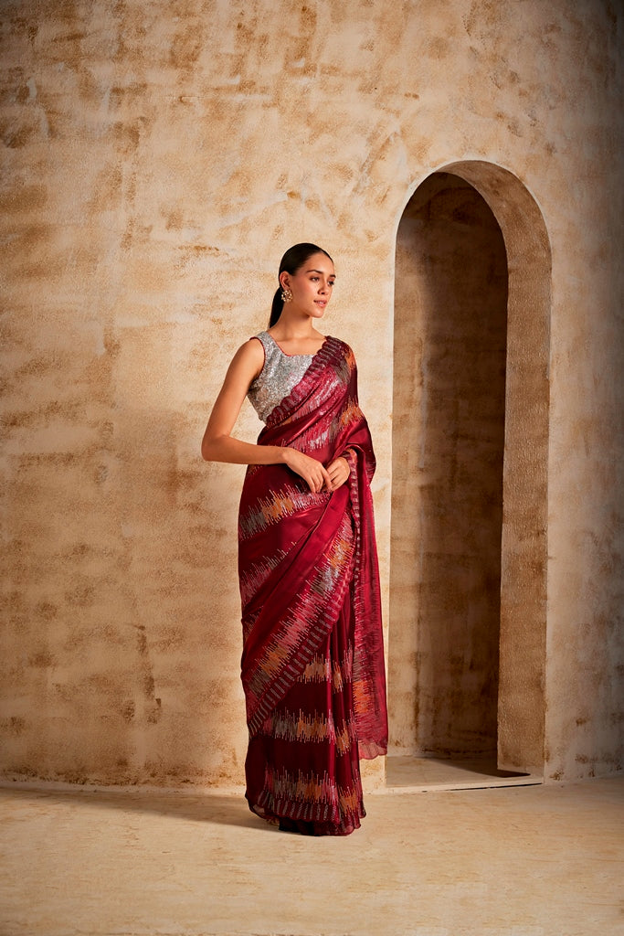 Neerus Maroon silk embellished saree - detail view 1