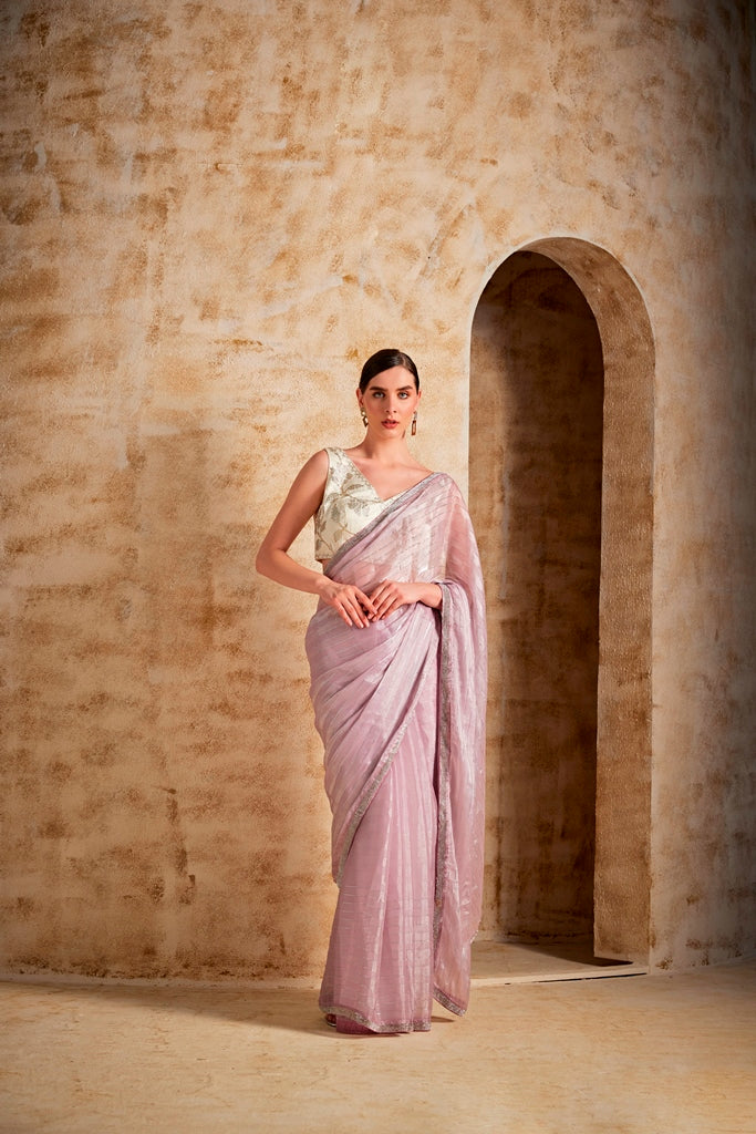 Neerus Purple organza embellished saree - front view