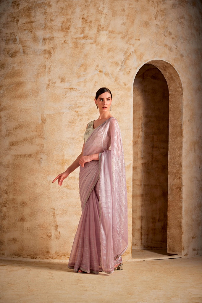 Neerus Purple organza embellished saree - back view
