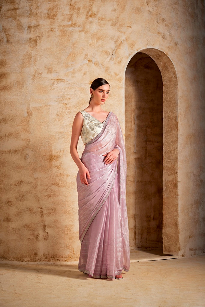 Neerus Purple organza embellished saree - side view