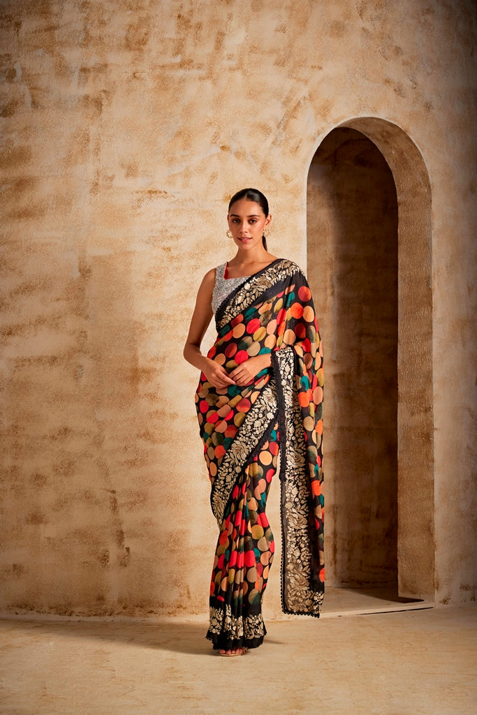 Neerus Printed crepe saree ethnic wear - front view