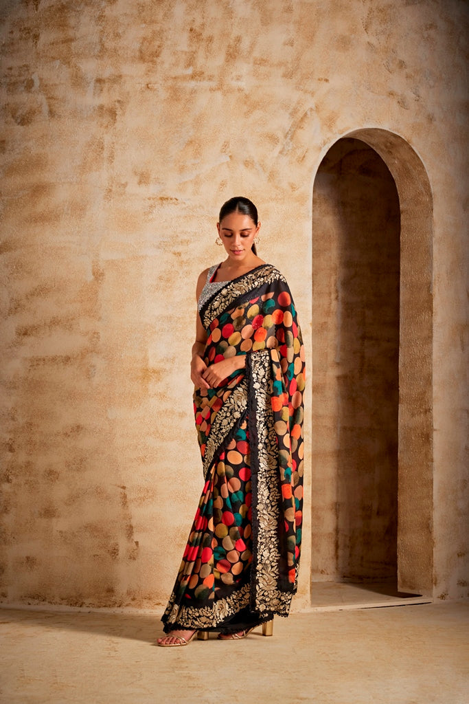 Neerus Printed crepe saree ethnic wear - back view