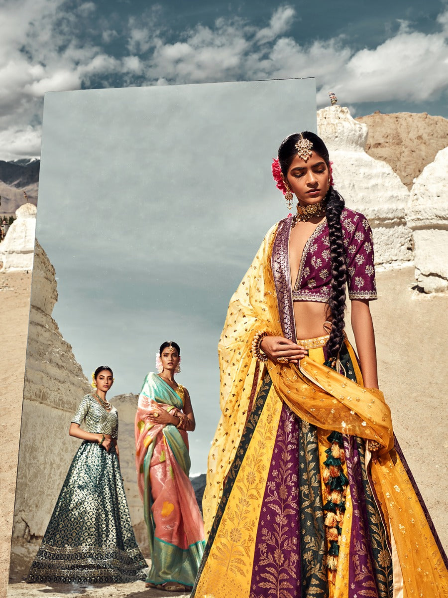 Neerus Multi silk embellished lehenga set - front view