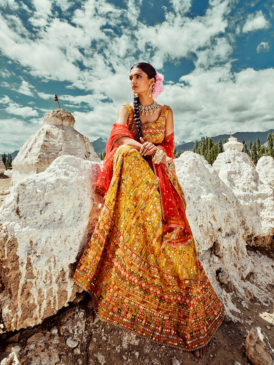 Neerus Yellow georgette embroidered anarkali suit set - front view