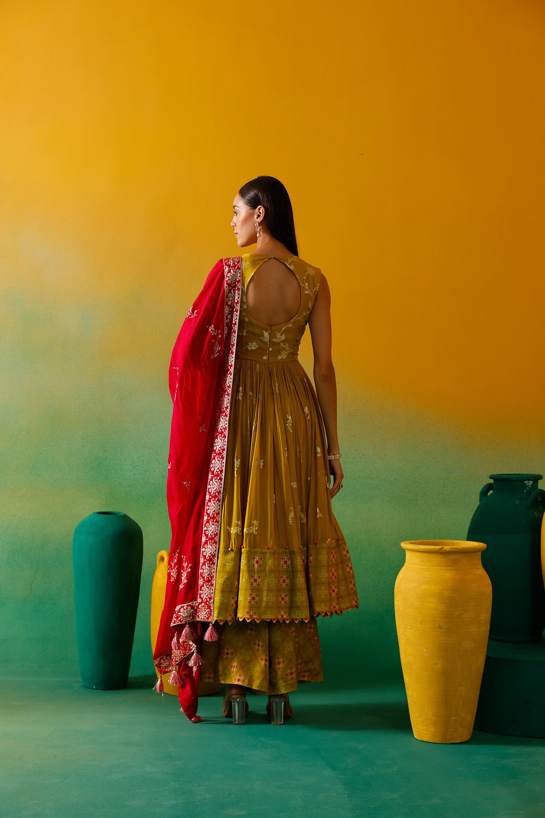 Neerus Green organza embroidered Anarkali suit set - detail view 7